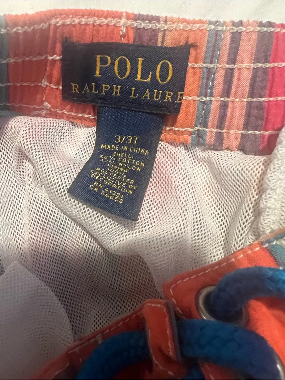 Polo by Ralph Lauren Orange Plaid Kids Swim Trunks with Blue Drawstring